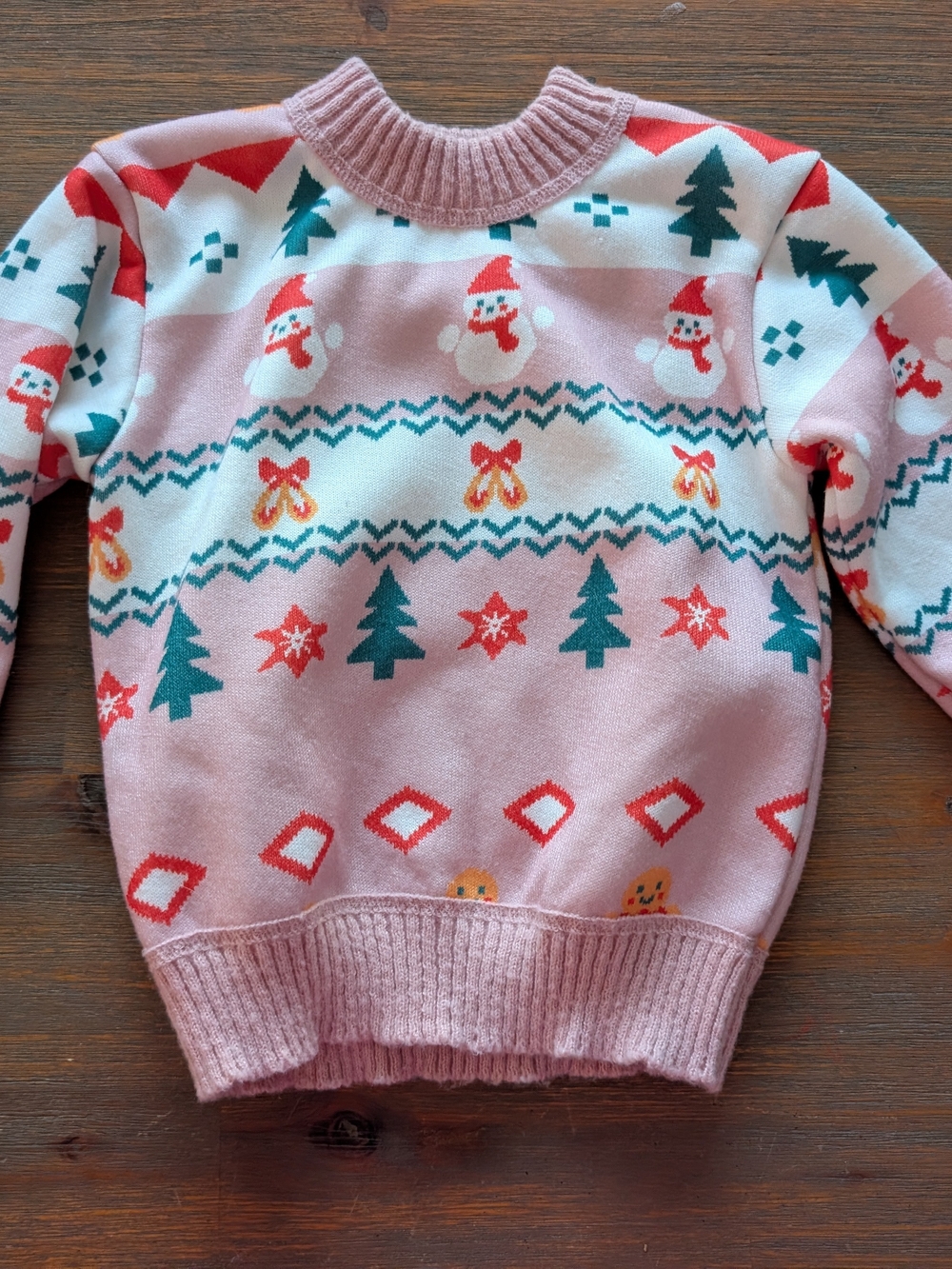Kids Pink Holiday Sweater with Snowman and Tree Pattern